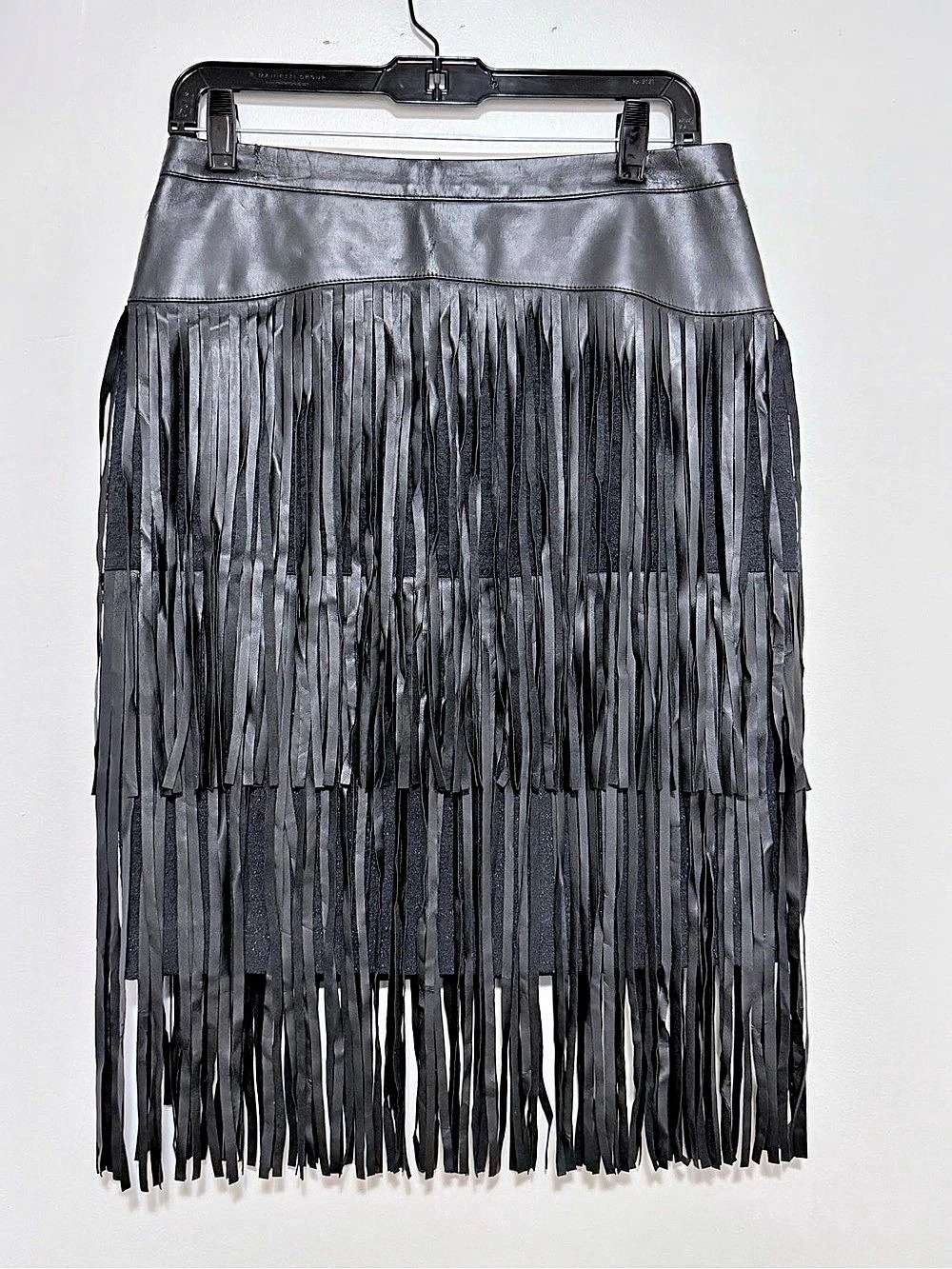 BCBG Black Faux Leather Tiered Fringe Skirt